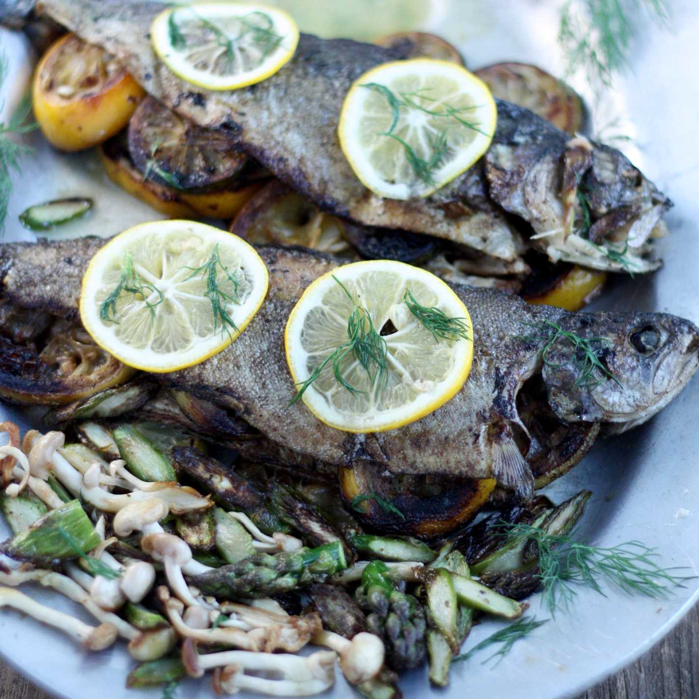 two rainbow trout on pewter platter