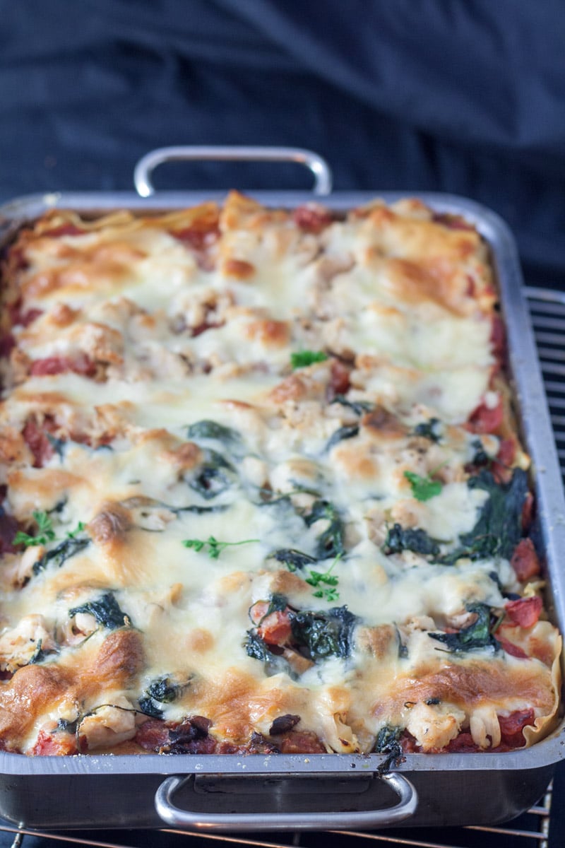 Entire pan of chicken florentine lasagna