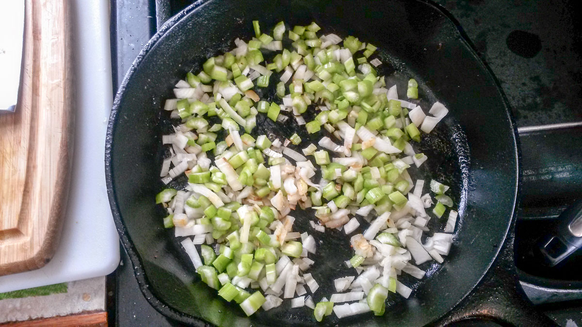 Onions and garlic browning in the skillet.