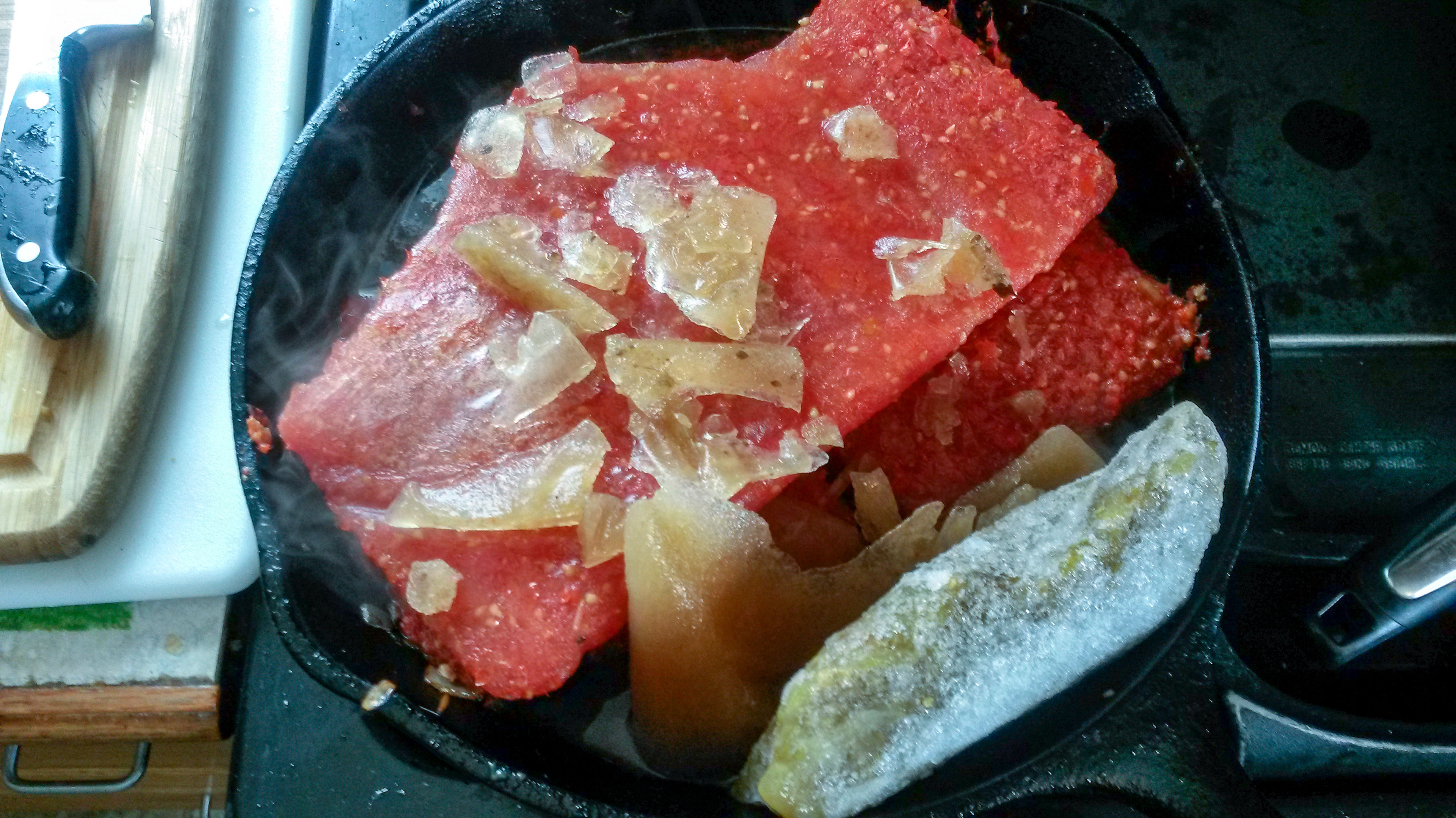 Tomatoes added to the crockpot.