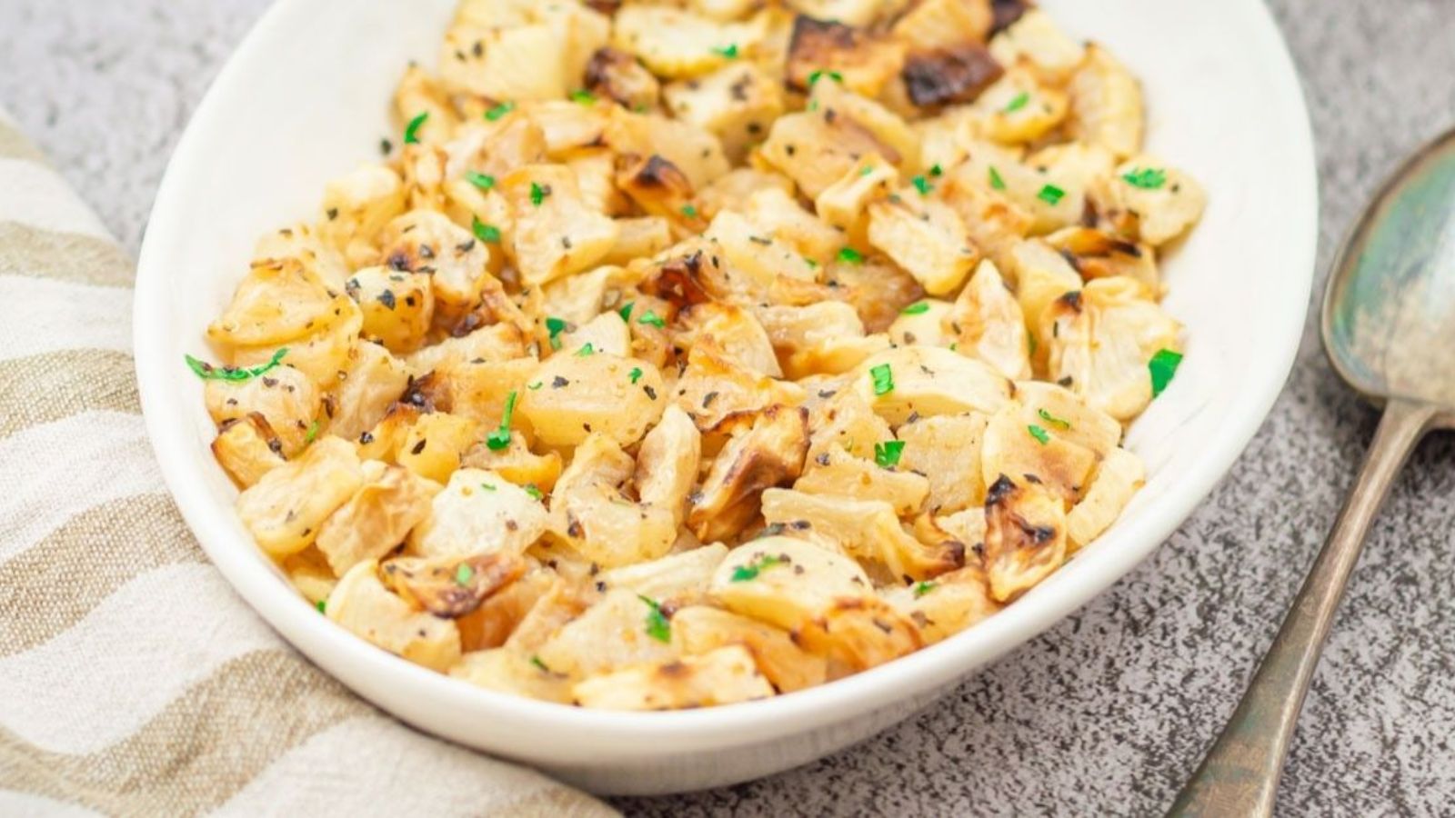 Roasted turnips in a bowl.