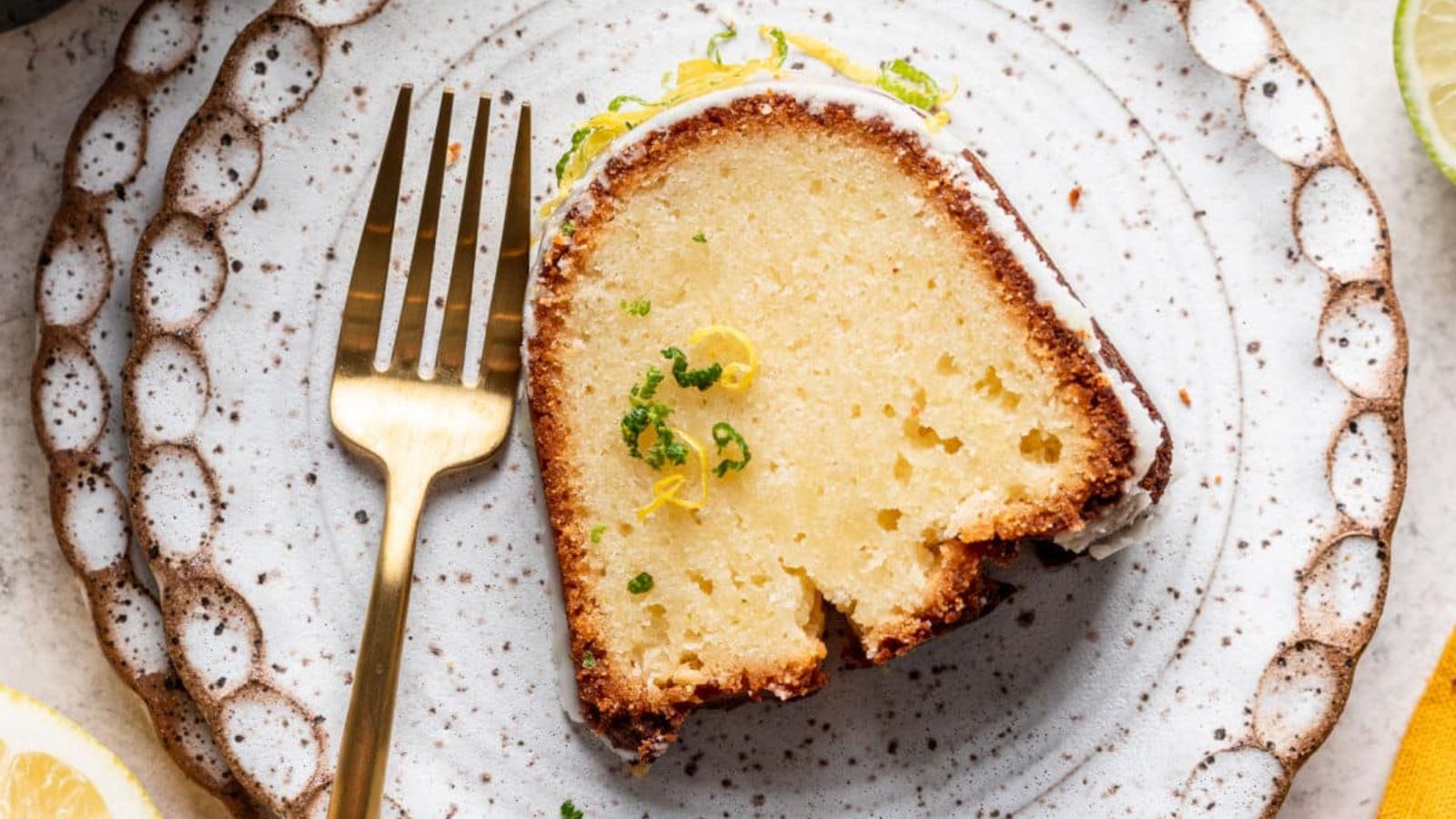 A slice of pound cake on a plate.