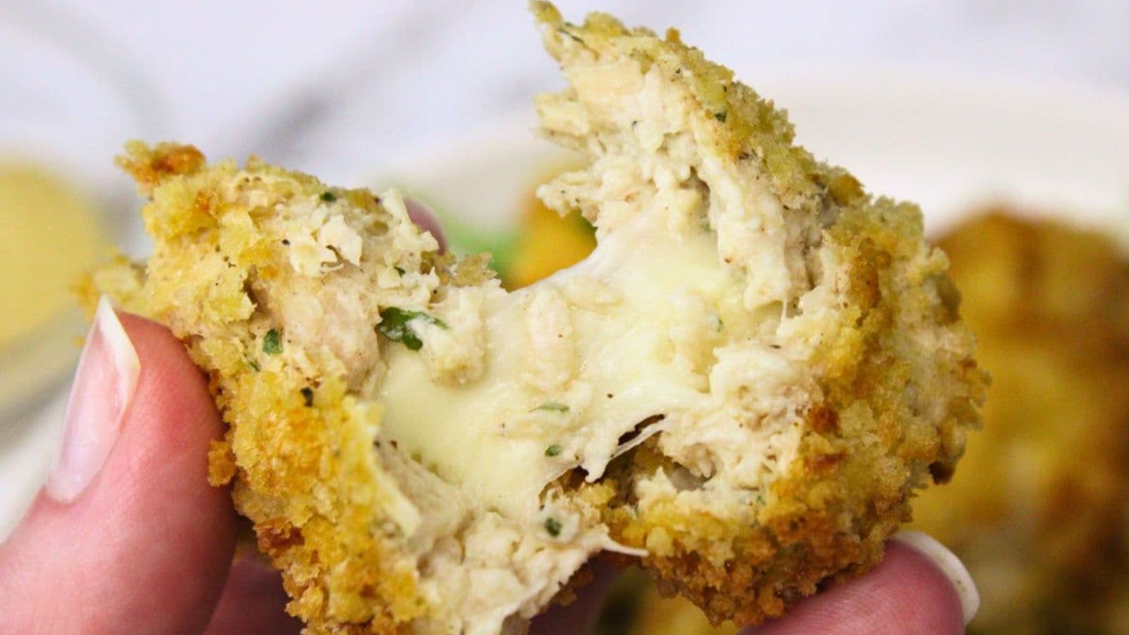 Chicken croquettes with cheese filling.