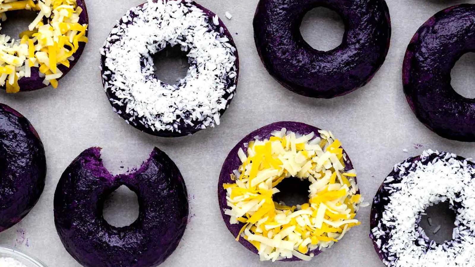 Ube donuts in different varieties.