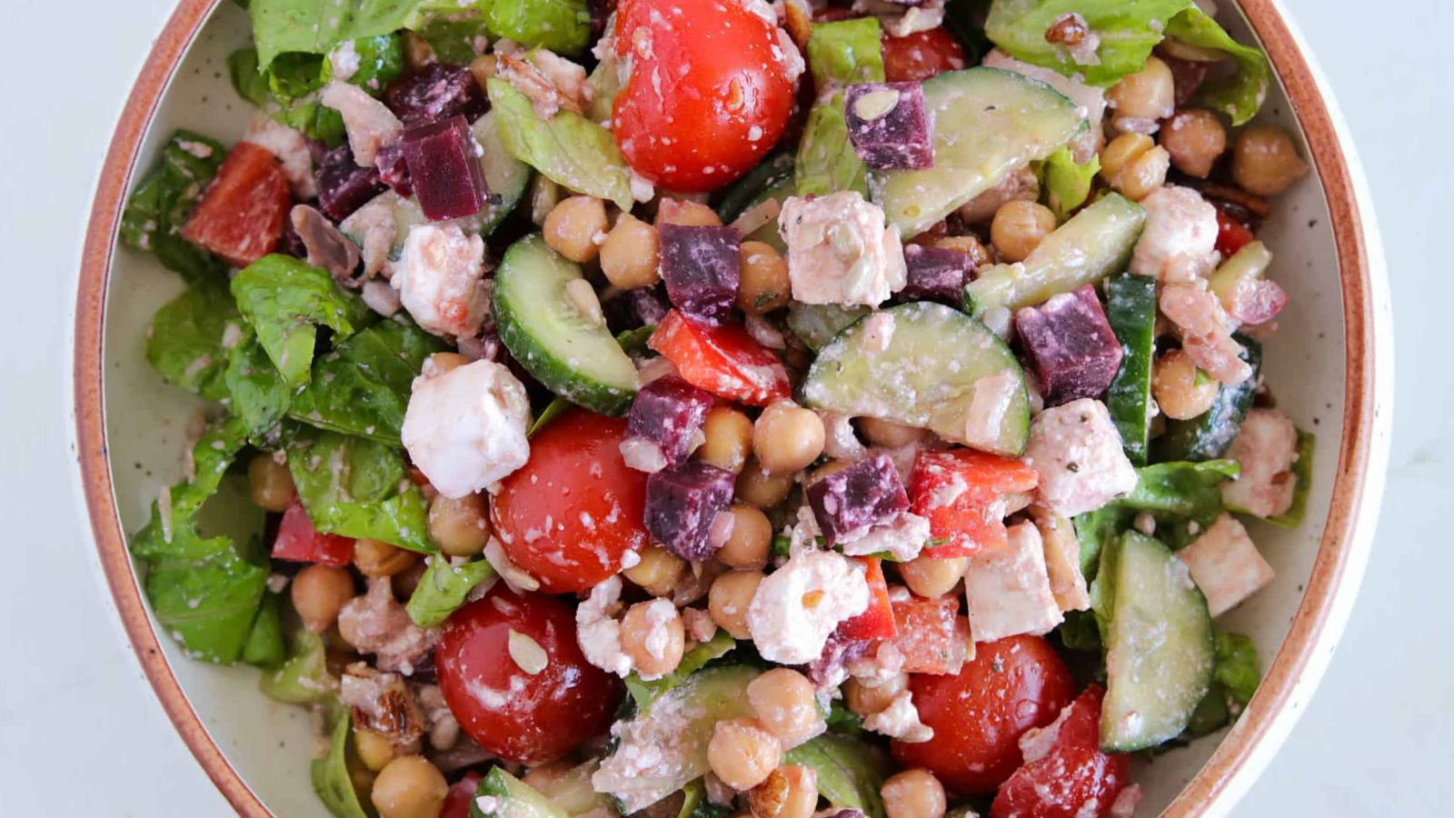 Beetroot and chickpea salad in a bowl.