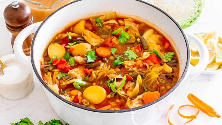 Cabbage soup in a pot.