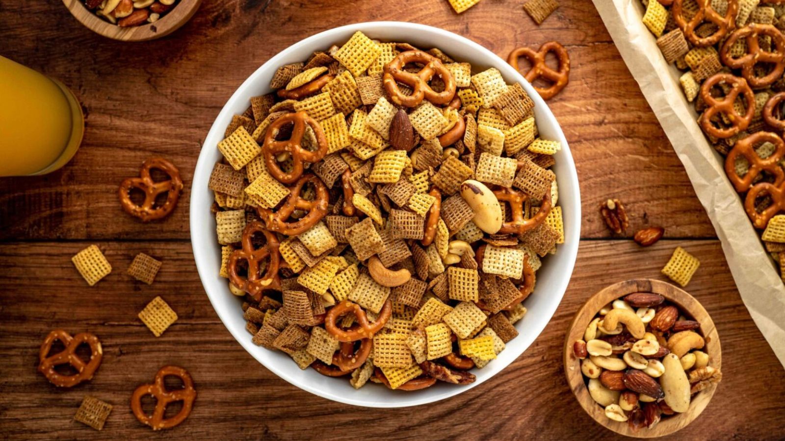 Snack mix in a bowl.