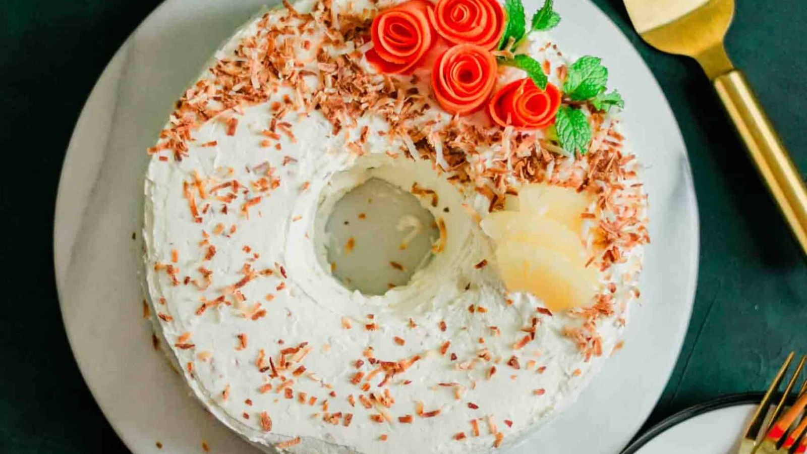 Carrot cake with pineapple and other toppings.