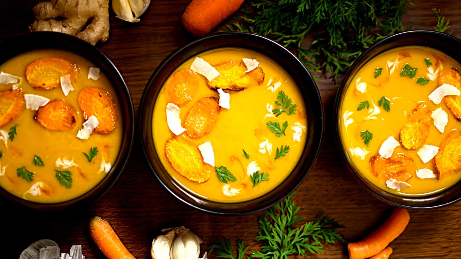 Three bowls of carrot soup.