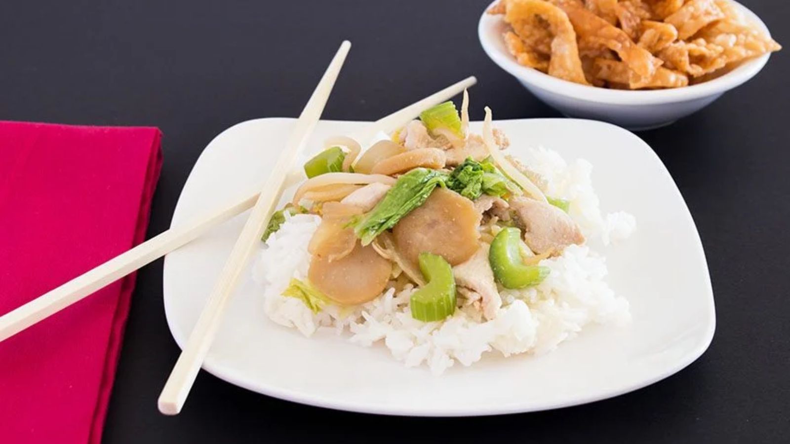 Chicken chow mein on a plate.