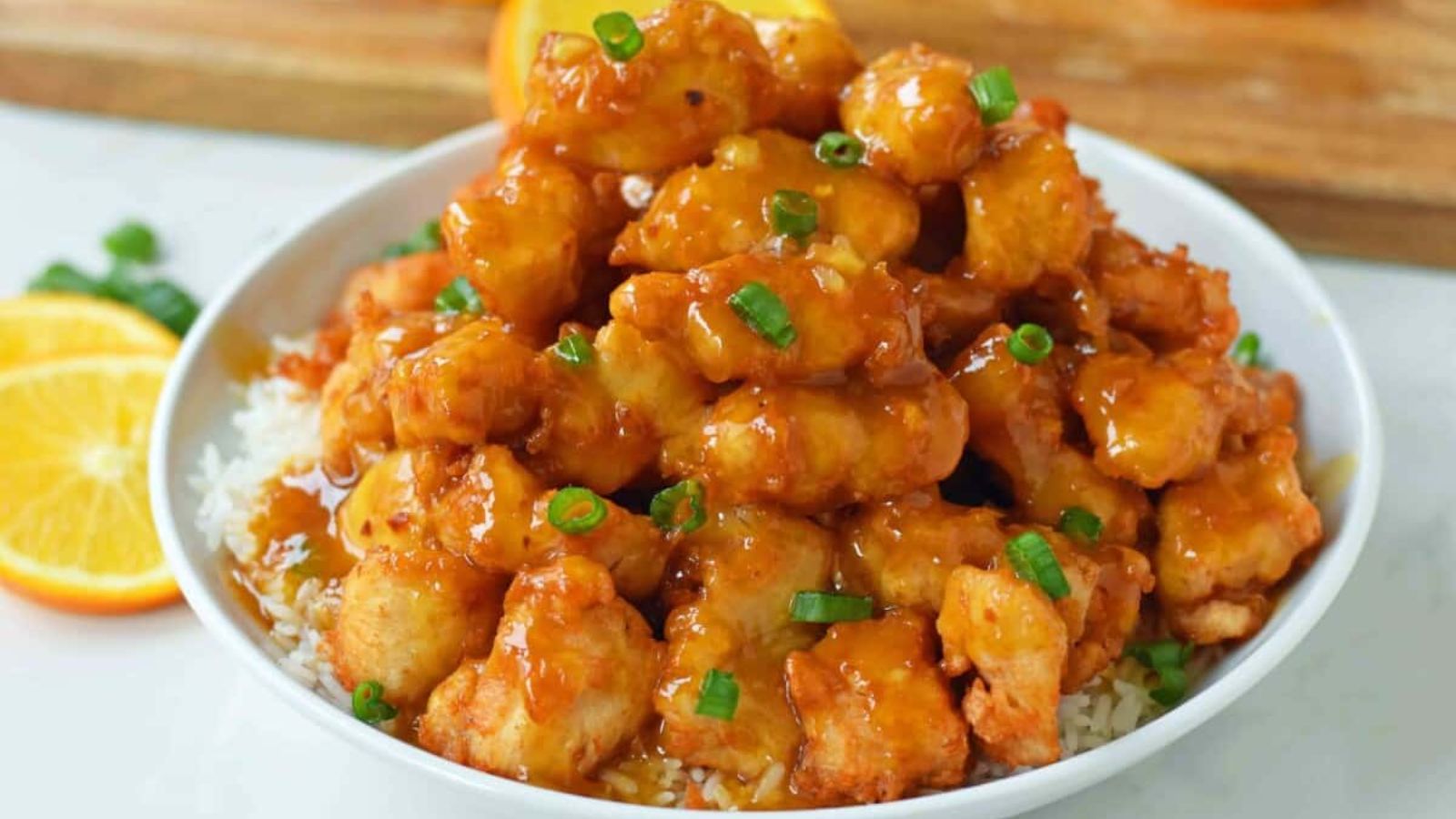 Orange chicken in a bowl.