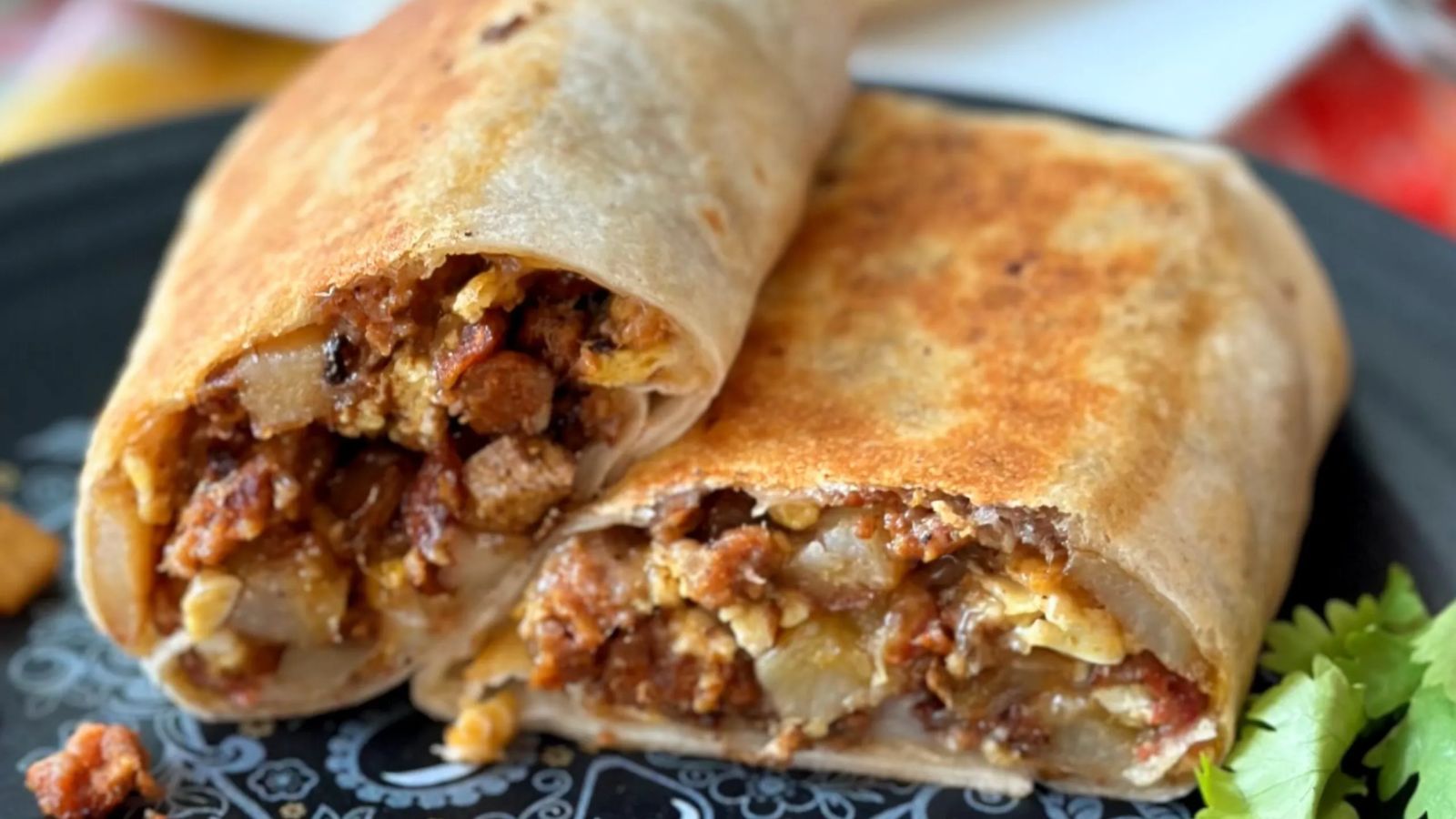 Sliced burritos close up shot.