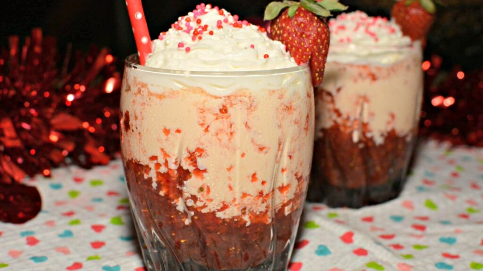 Strawberry mudslide in glasses.