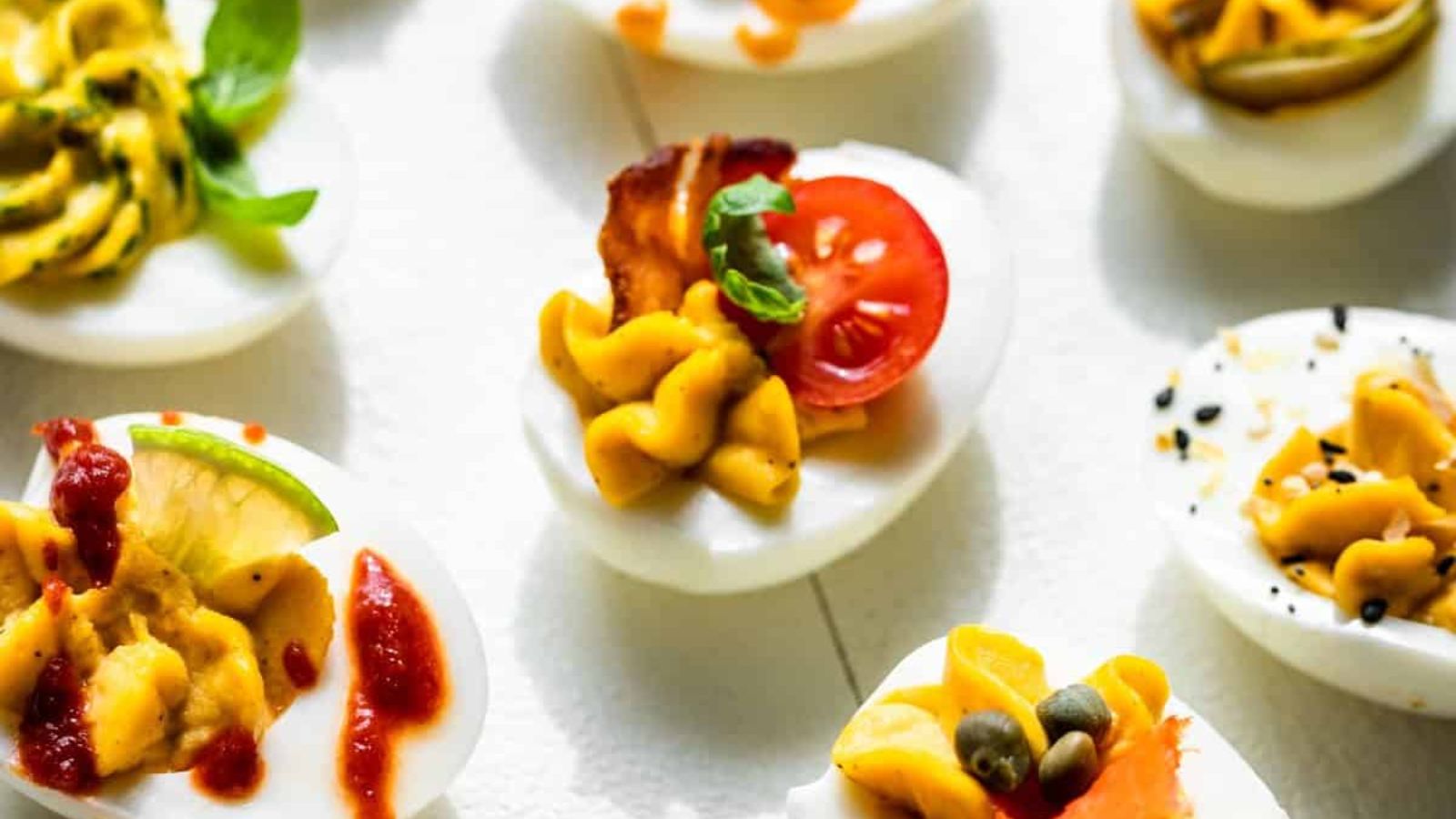 Deviled eggs close up.