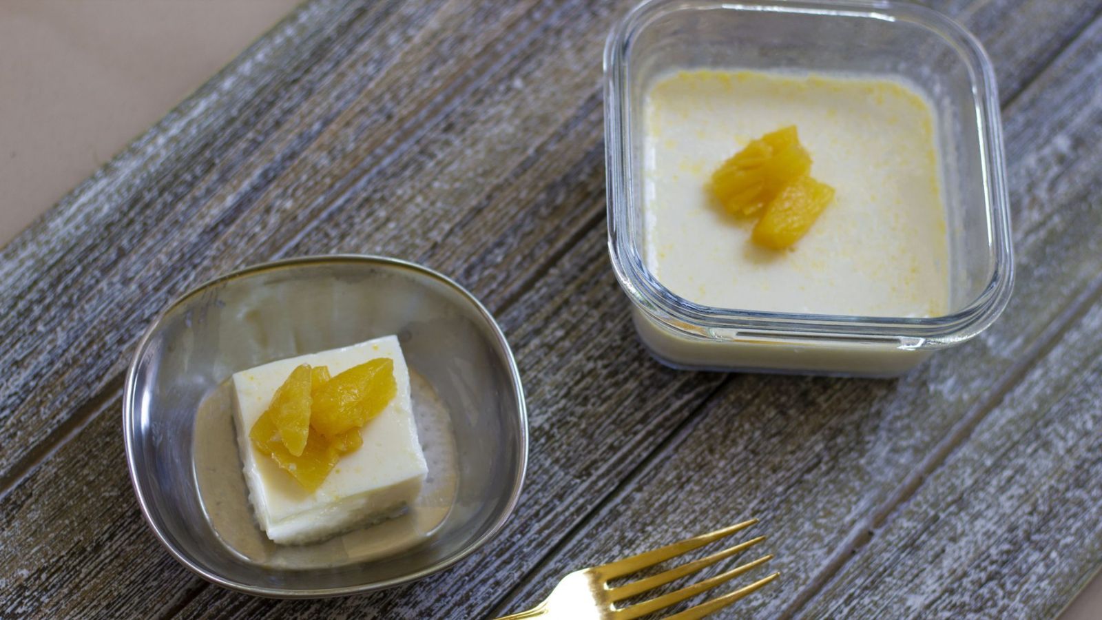 Pineapple pudding on a tray and bowl.