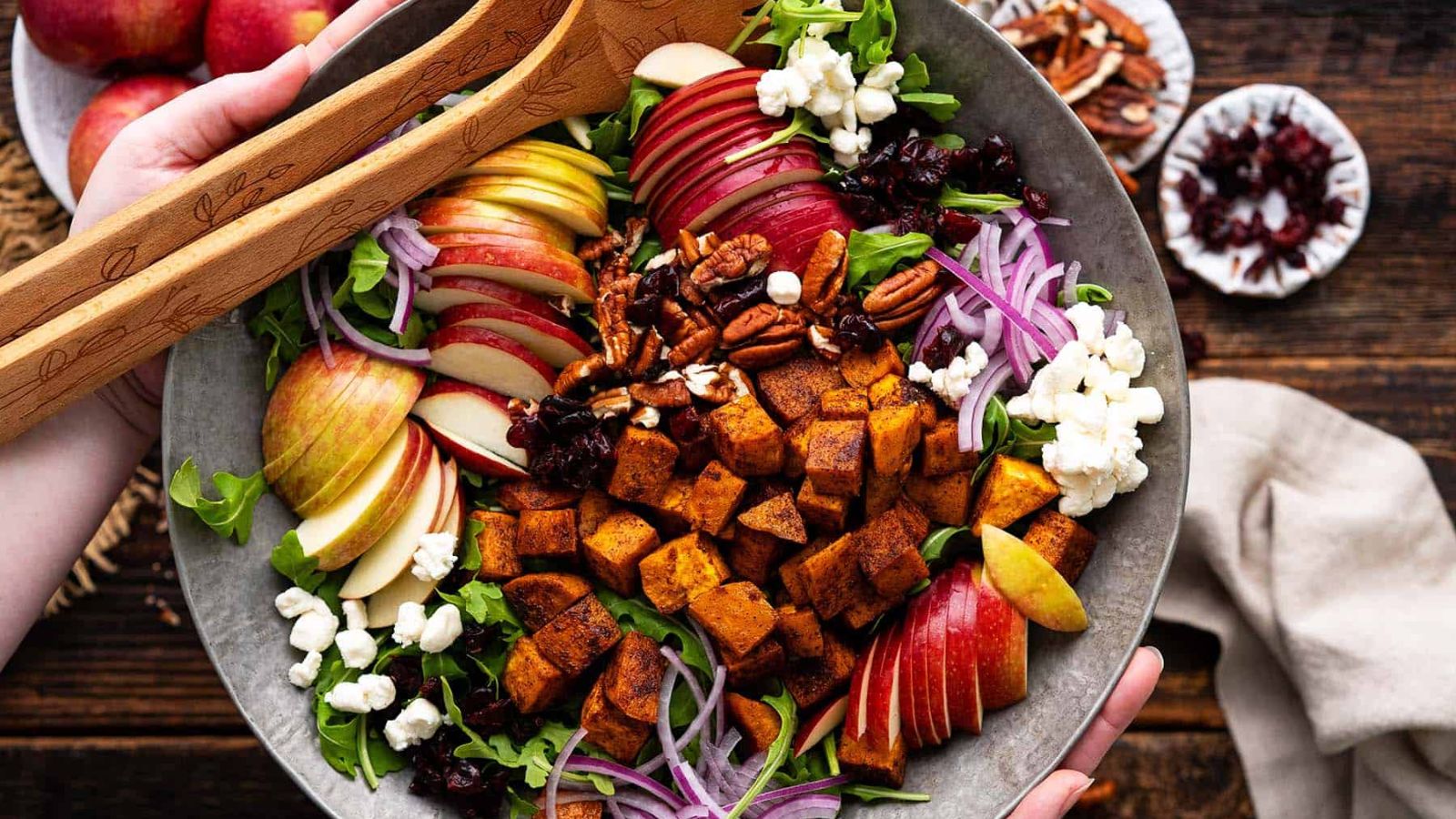 Salad and sliced apples.