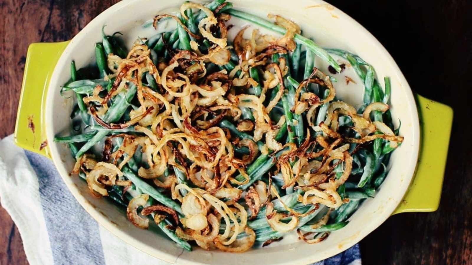 Green bean casserole with onions.