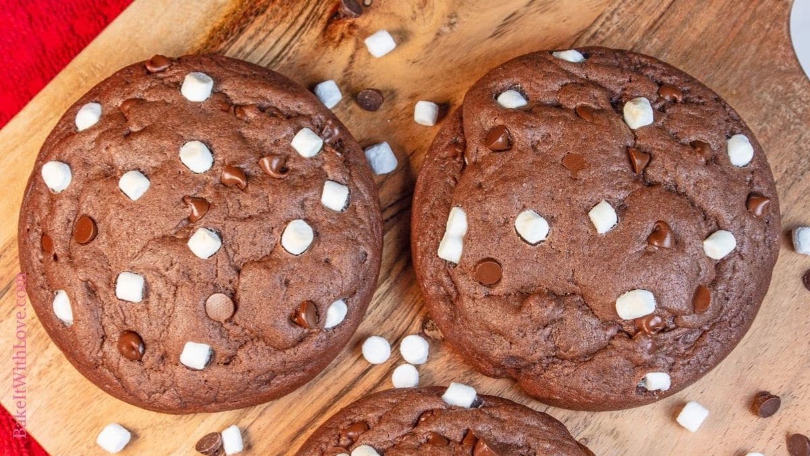 Chocolate cookies with marshmallows and chocolate chips.