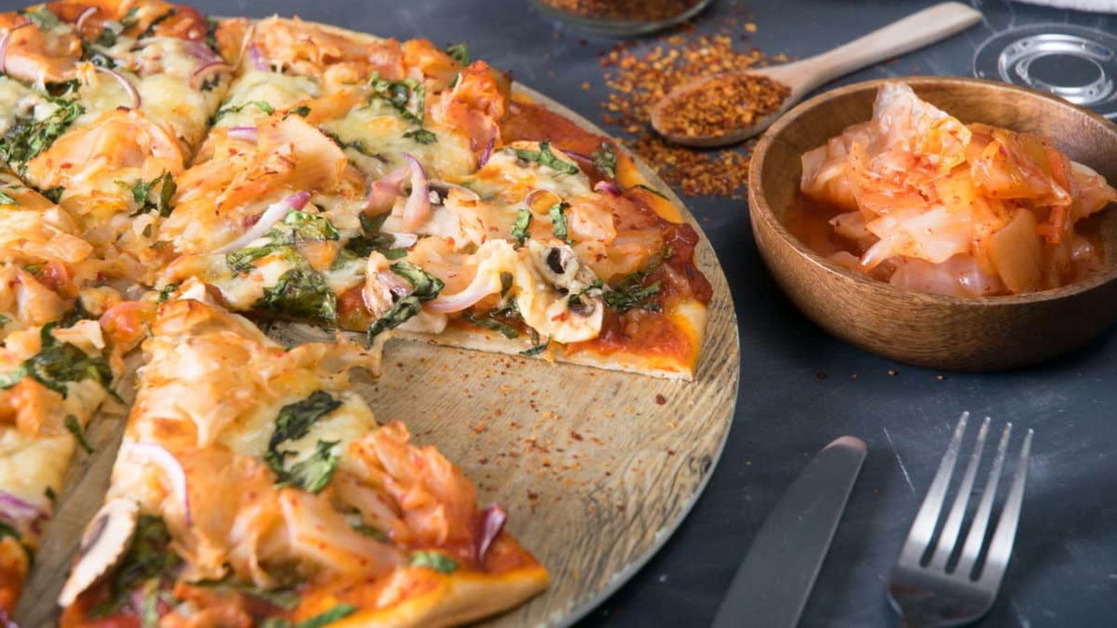 Pizza with kimchi.