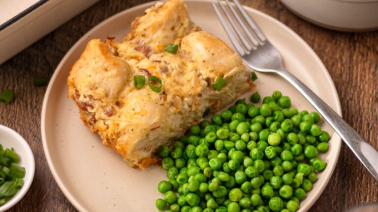 Chicken and biscuit bake on a plate.