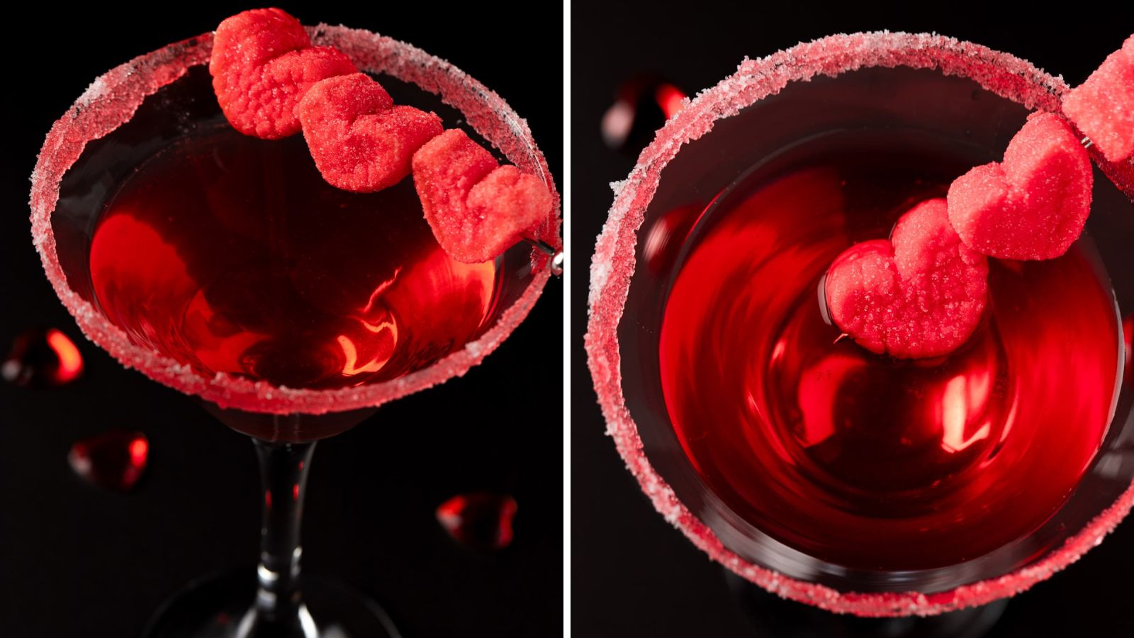 A red cocktail with heart shaped raspberry picks.