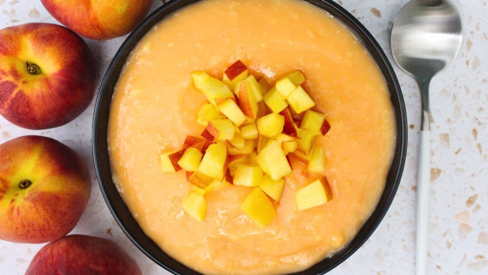 Peach pudding in a bowl.