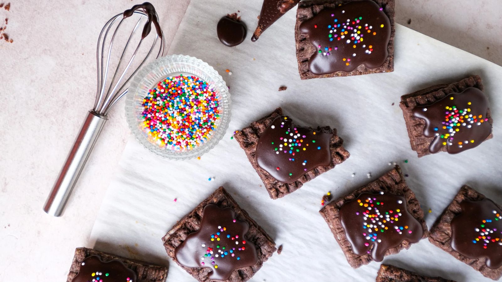 Chocolate pop tarts with sprinkles.