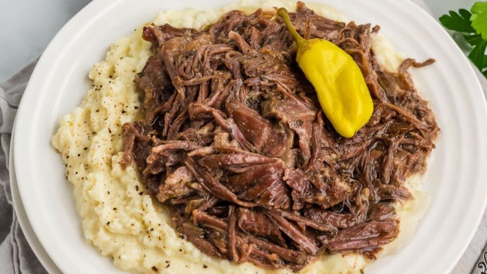 Pot roast with mashed potatoes.