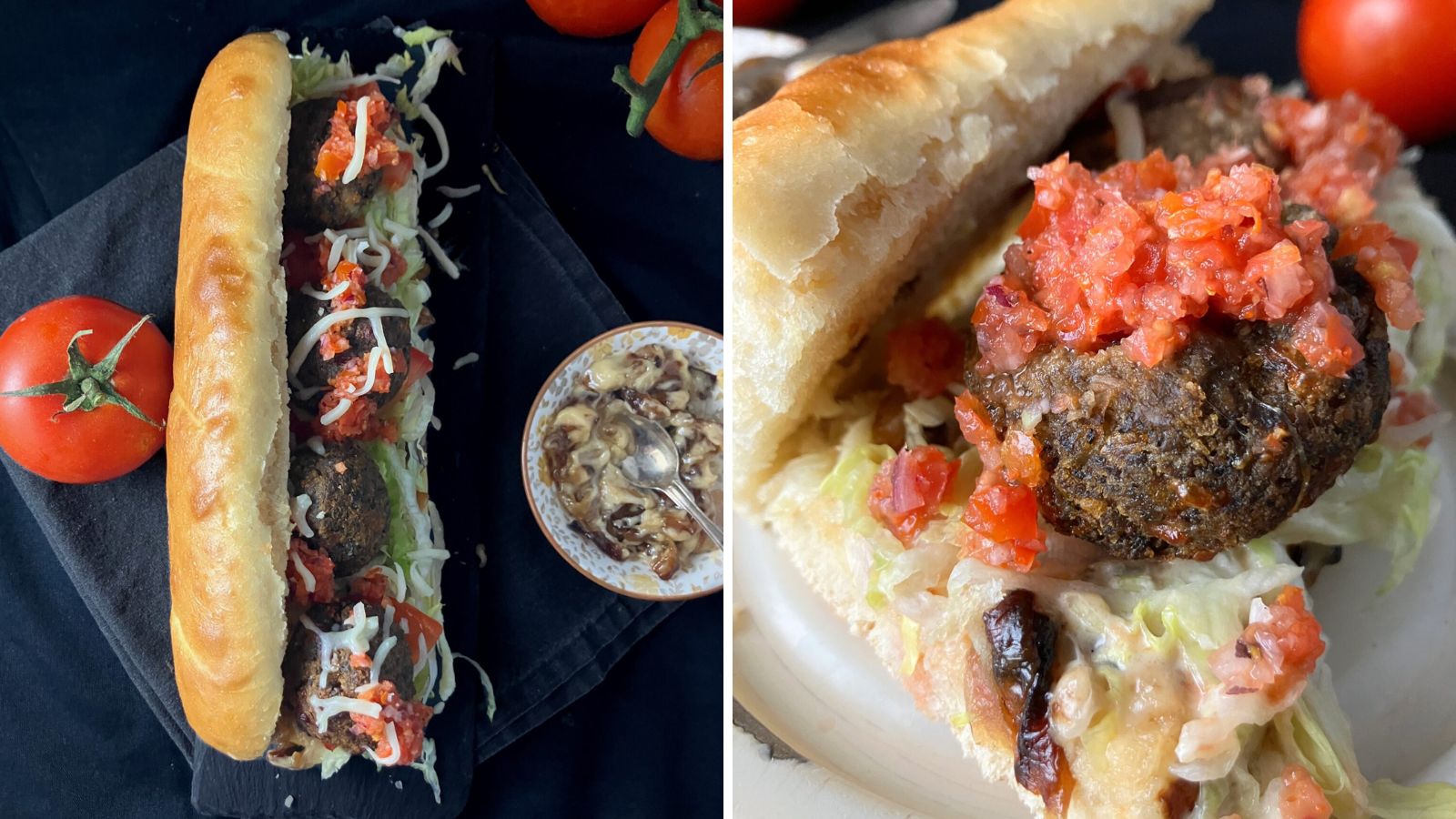 Mushroom meatball subs with tomatoes.