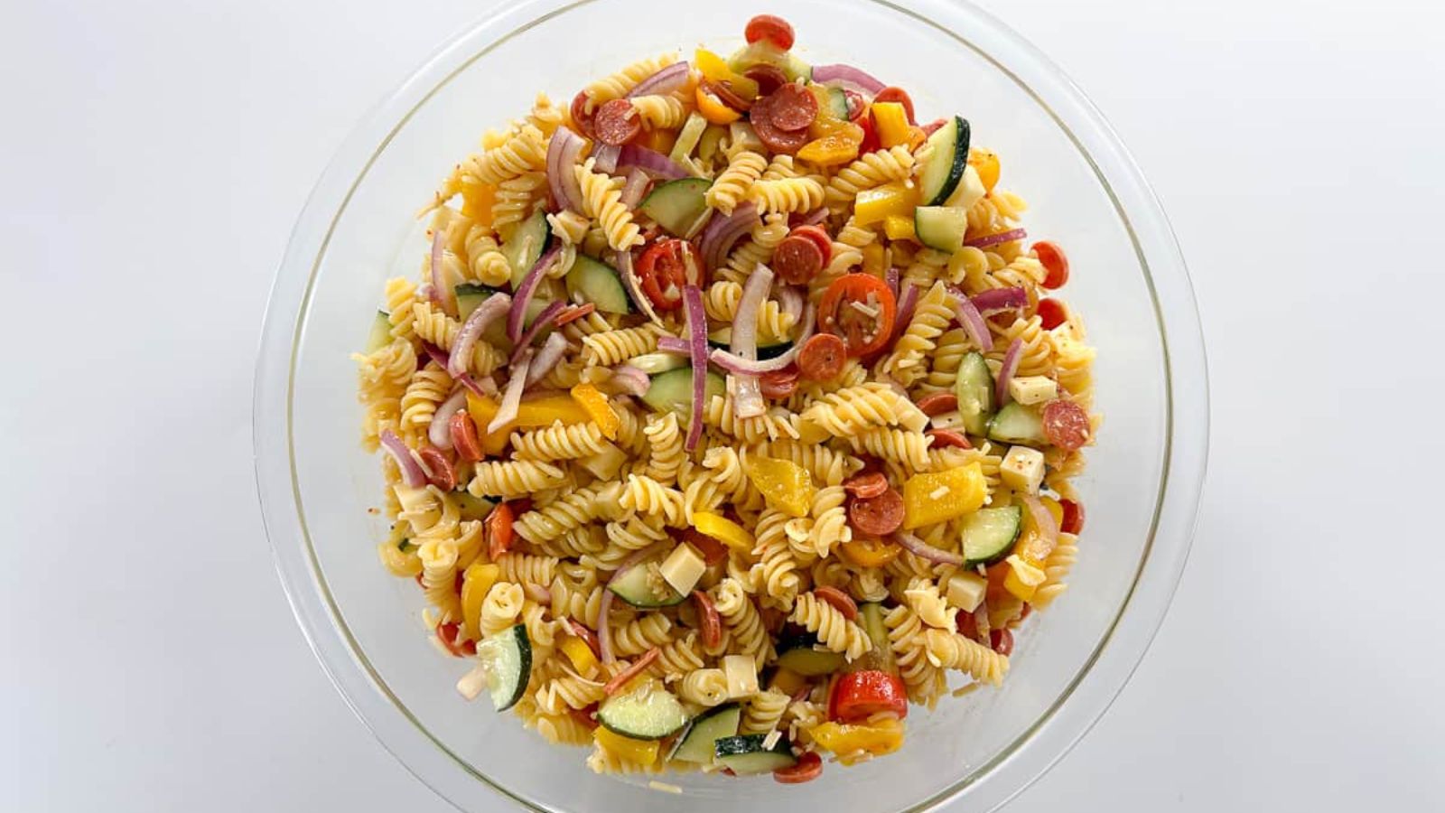 Pasta salad in a bowl.