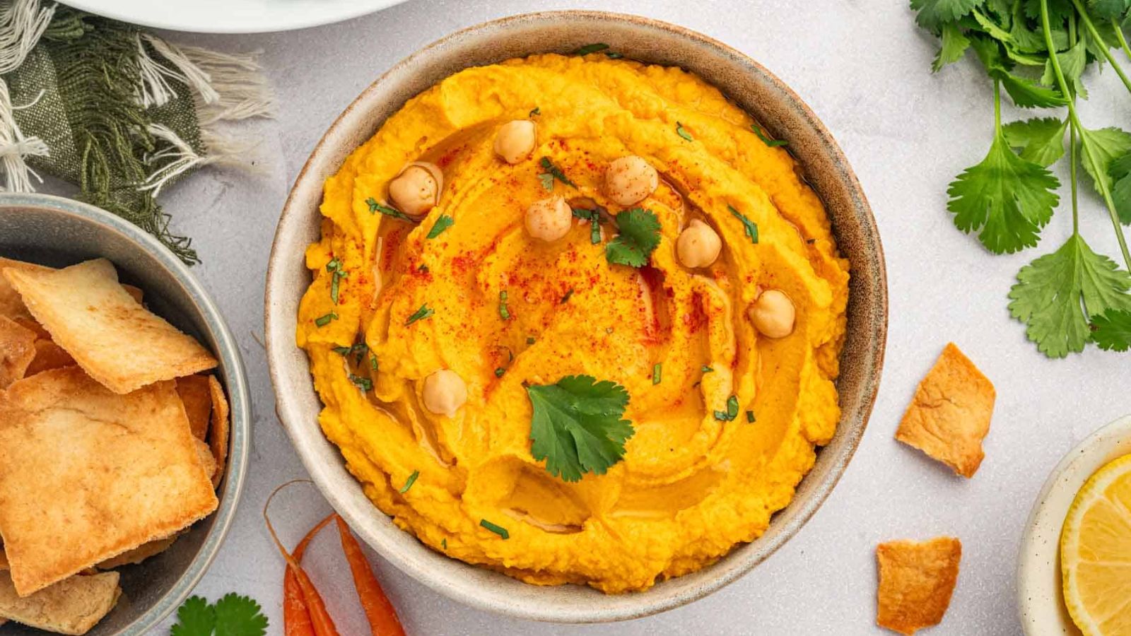 Carrot hummus in a bowl.