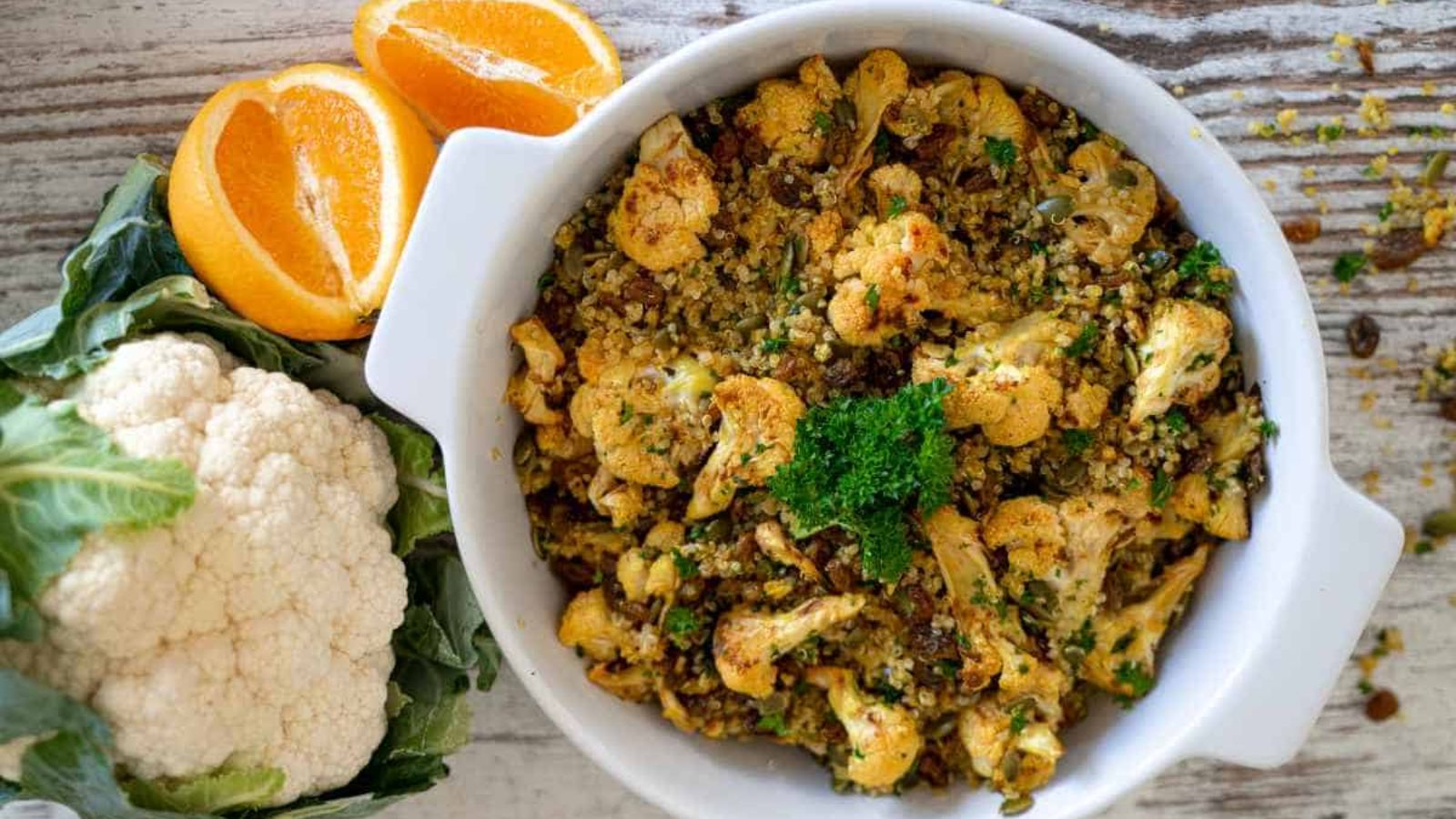 Cauliflower quinoa salad in a bowl.