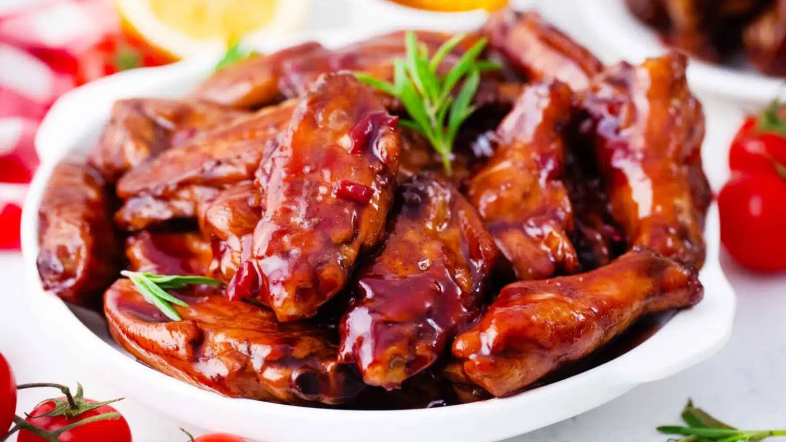 Chicken wings glazed in red wine.