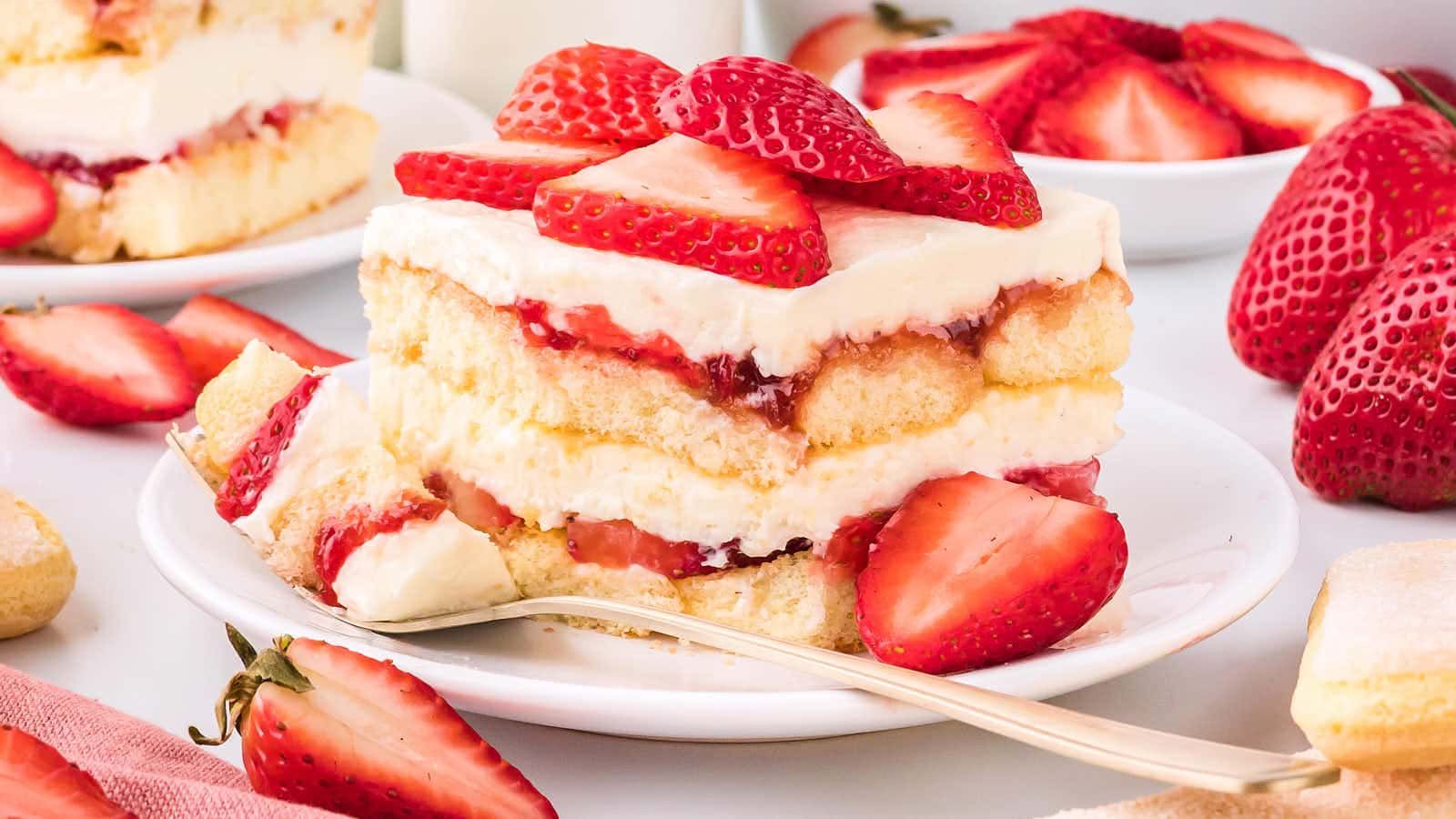 Strawberry tiramisu on a plate.