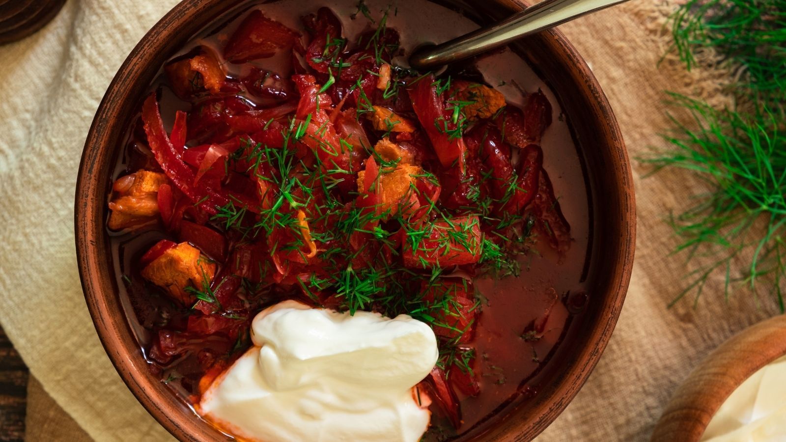 Beet soup in a bowl.