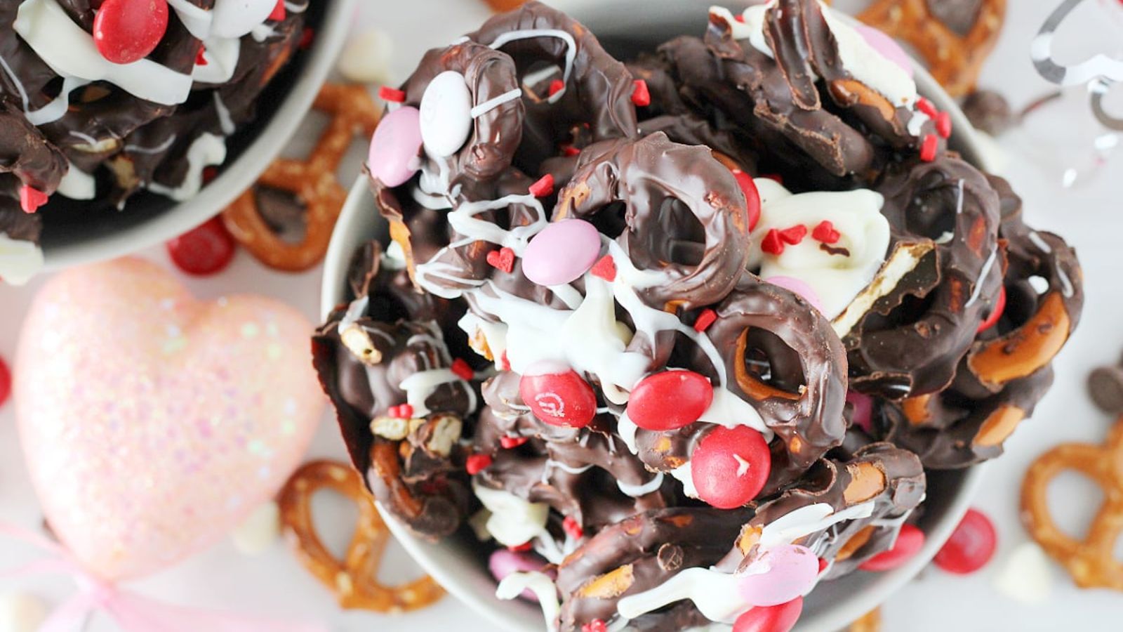 Chocolate pretzel bark in a bowl.