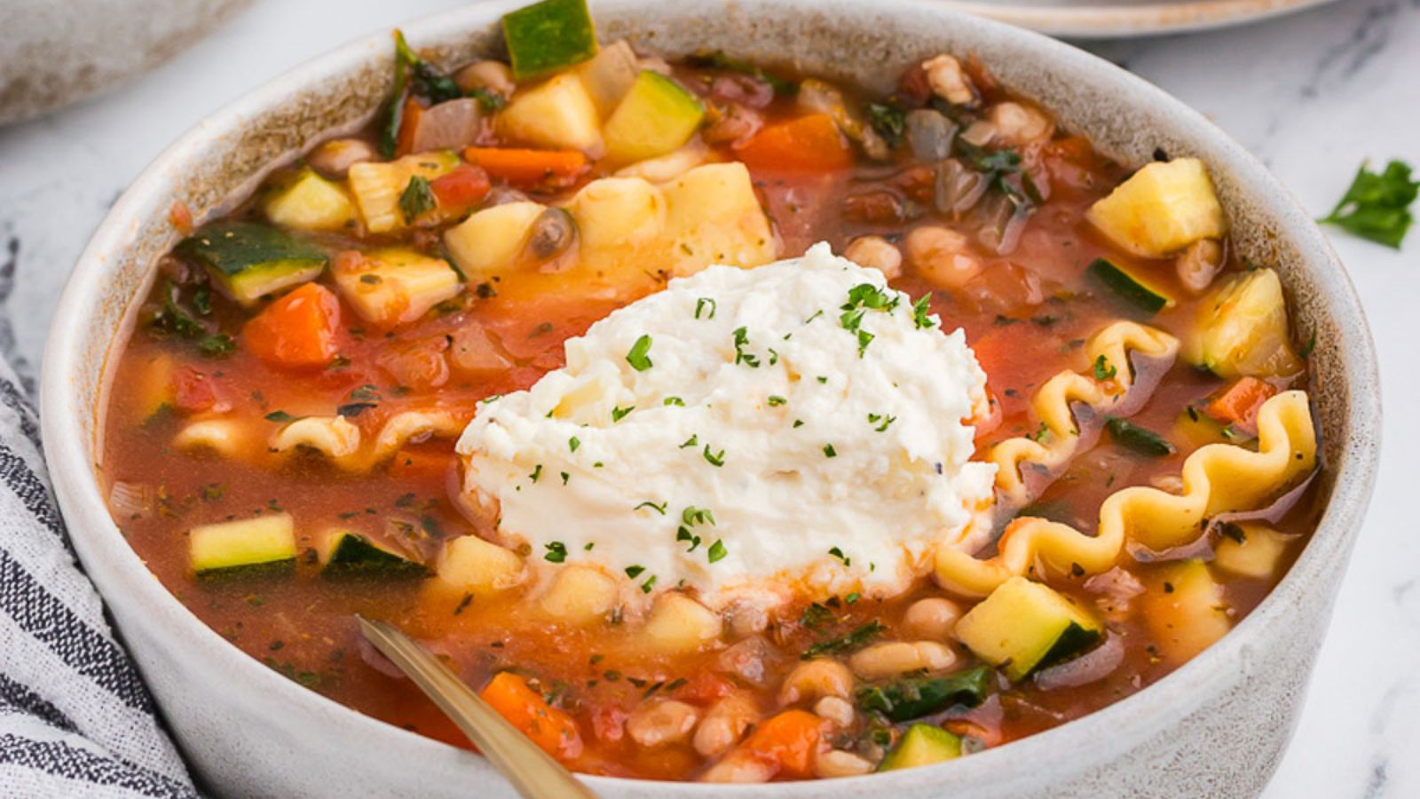 Lasagna soup in a bowl.