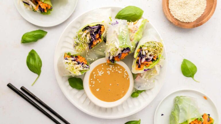 Veggie spring rolls with dip.