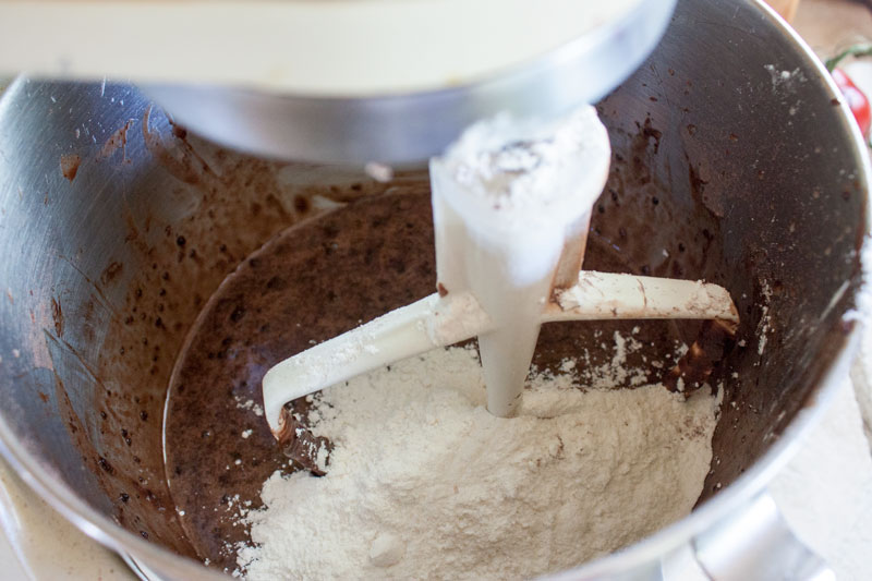 Flour added to the wet ingredients.