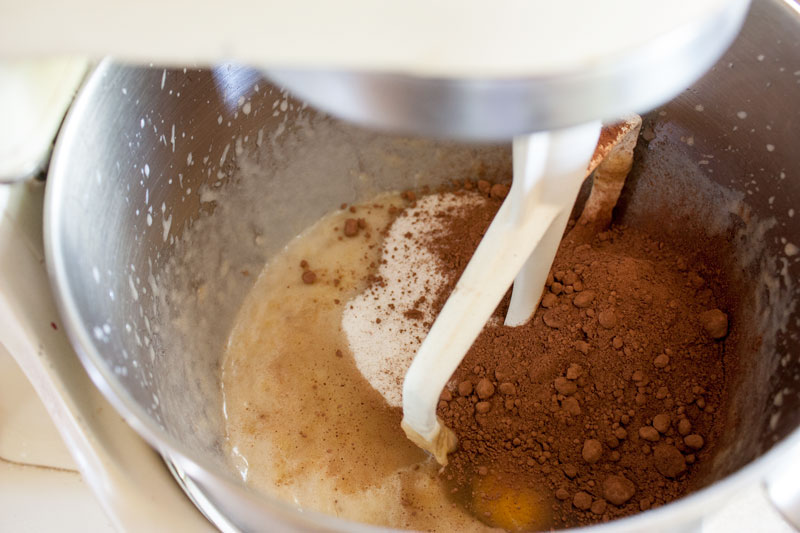 Cocoa powder added to the wet ingredients.