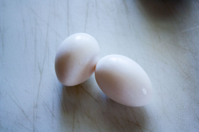 2 eggs on a white board.