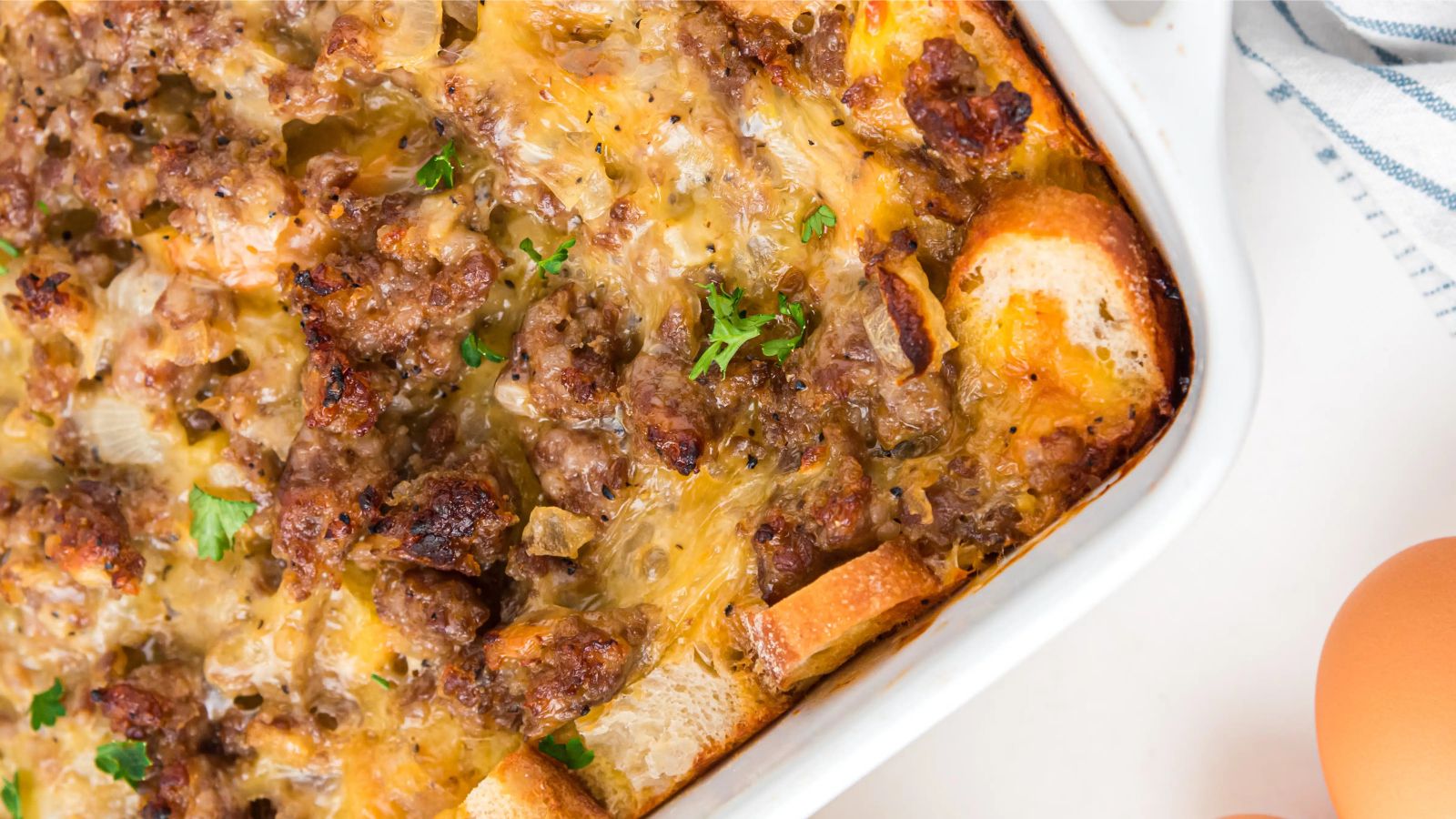 Overhead photo of on whole breakfast casserole.