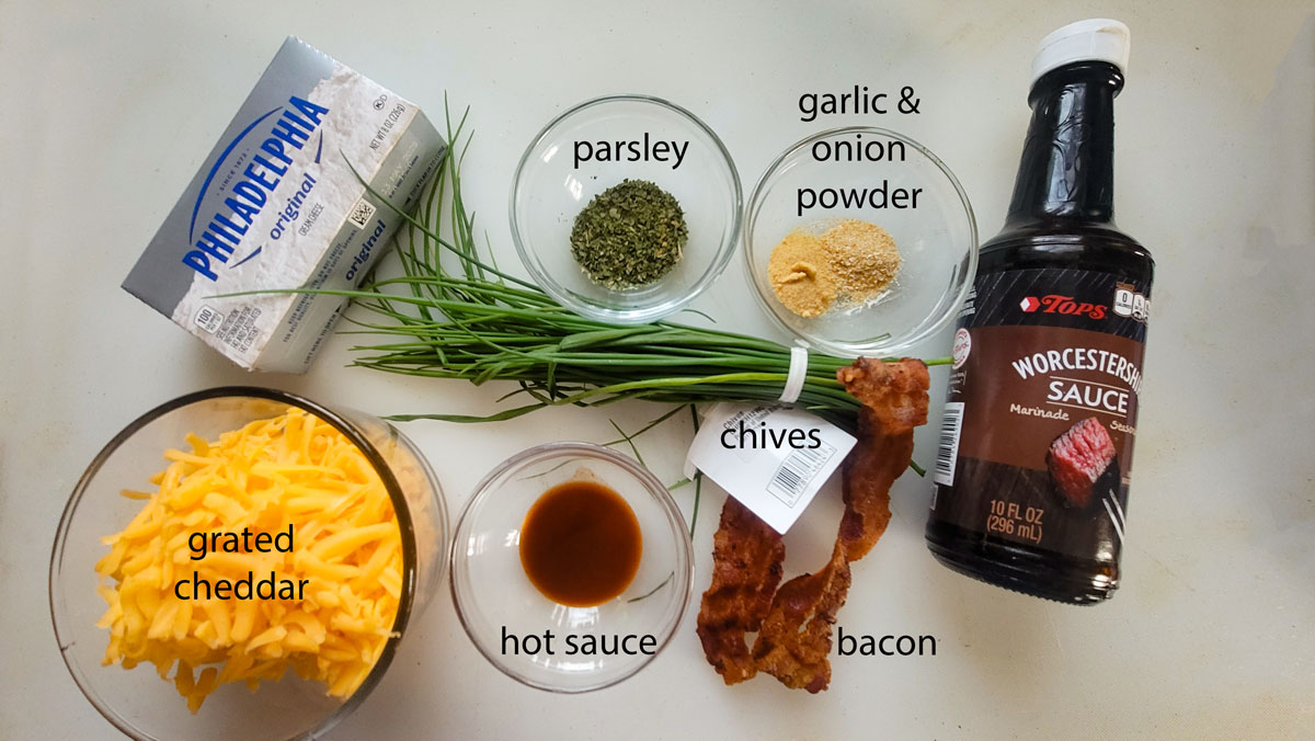 Ingredients for a football cheese ball. See details in recipe below.