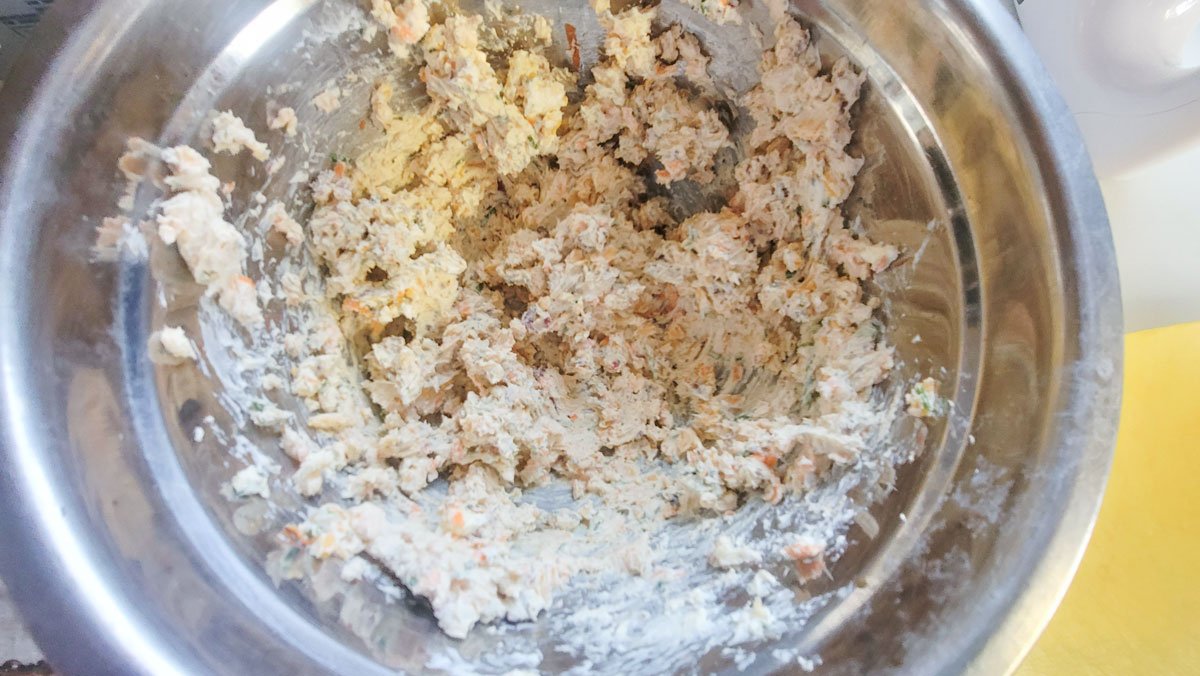 Cheese ball ingredients mixed up.