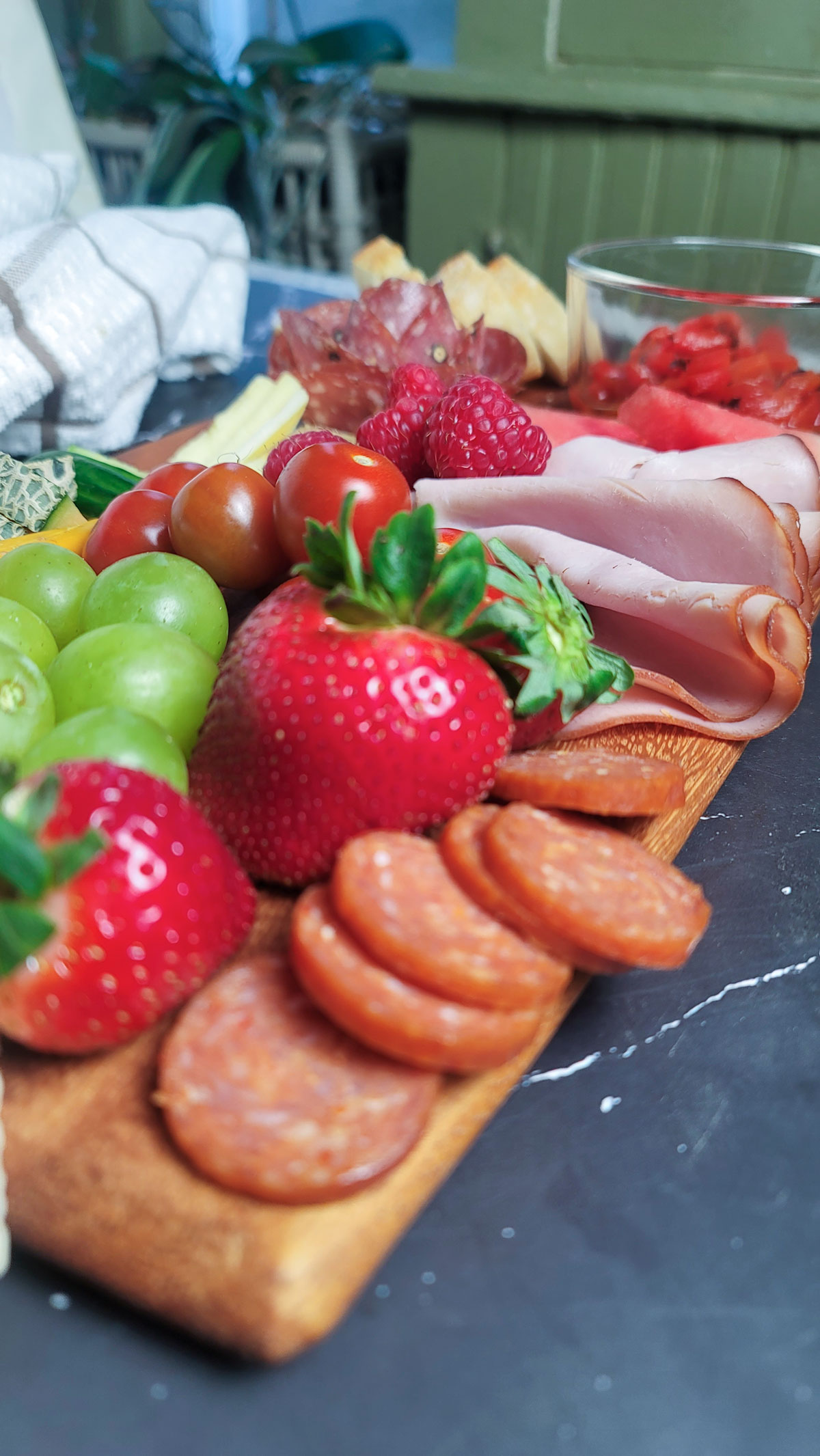 Close up of charcuterie board ingredients.