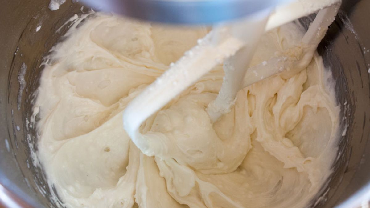 Finished frosting in the mixing bowl.