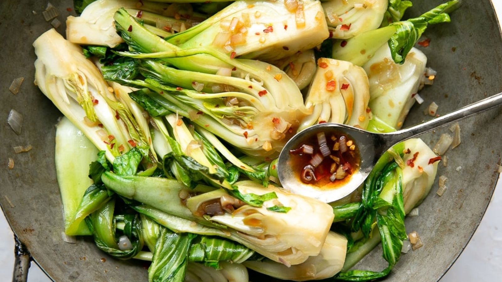 Bok choy in a pan.