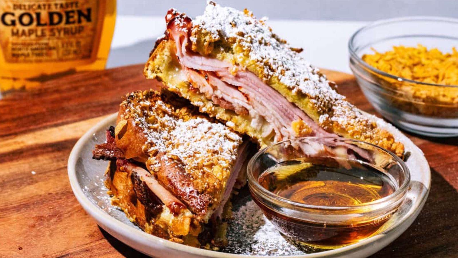 Sliced monte cristo sandwich on a plate.