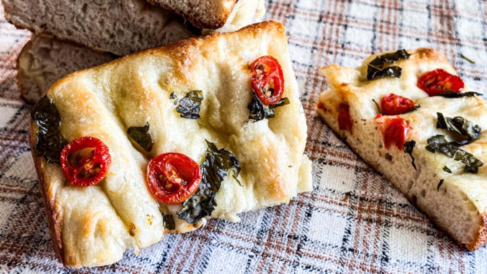 Slices of sourdough focaccia.