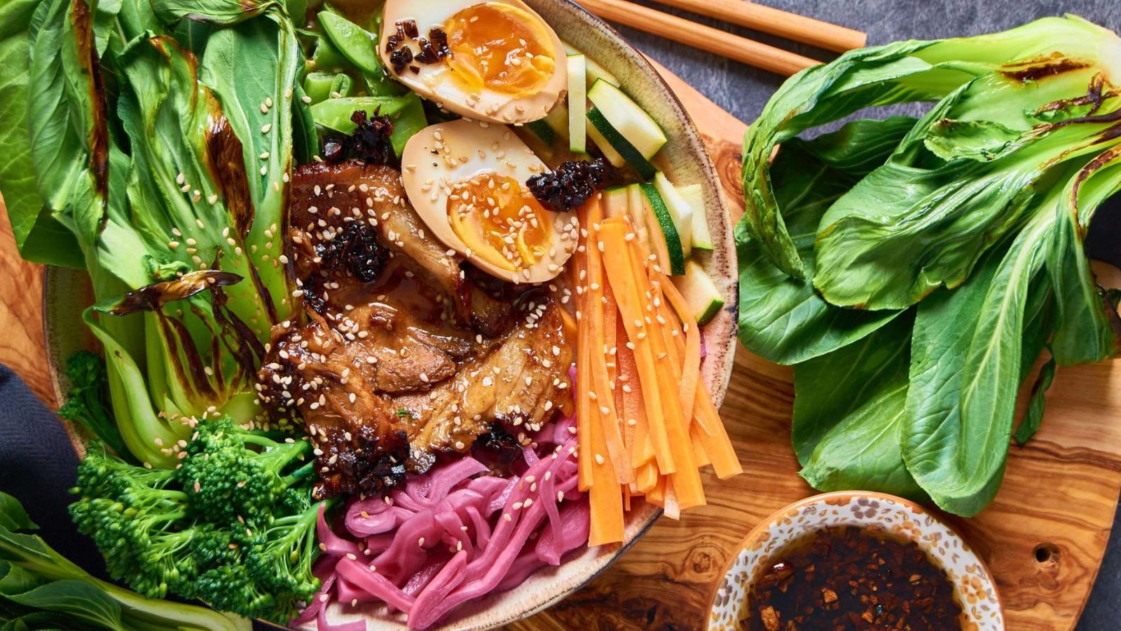 Garlic pork ramen in a bowl.
